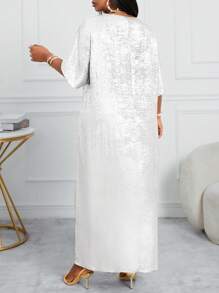 SHEIN Lady Plus Size V-neck Krótki rękaw Prosta Błyszcząca Rozcięta Maxi Sukienka Codzienna Walentynki Nowy Rok Impreza Sukienka Imprezowa Sukienki Na Imprezę Urodzinową Długa Sukienka Damska - Biały - Zobacz 2