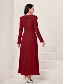 Al Najma Women's Wine Red Elegant Big Lapel Long Sleeve Patchwork Waistband Slimming Arabic Long Dress, Arabian Dresses - Burgundy - View 2