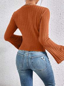 SHEIN Frenchy Lettuce Trim Trumpet Sleeve Ribbed Textured Fabric Special Sleeve Knit Tee - Orange - View 2