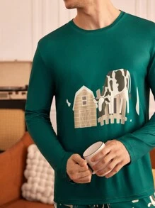 Happy Jammies Conjunto de pijama de pantalón largo y top de manga larga con estampado de vaca para hombre