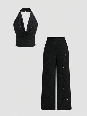 Sweetra 2pcs Sequin Halter Neck Backless Vest And Wide Leg Loose Pants Set, Sexy Diva Style