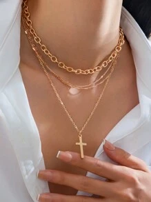 ROMWE Goth 4pcs Set Fashionable Punk Style Cross Pendant Necklaces - Yellow Gold - View 2