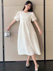 DAZY Women Textured Puffy Sleeve Loose Mid-Length Dress,Ruffle - White - View 1