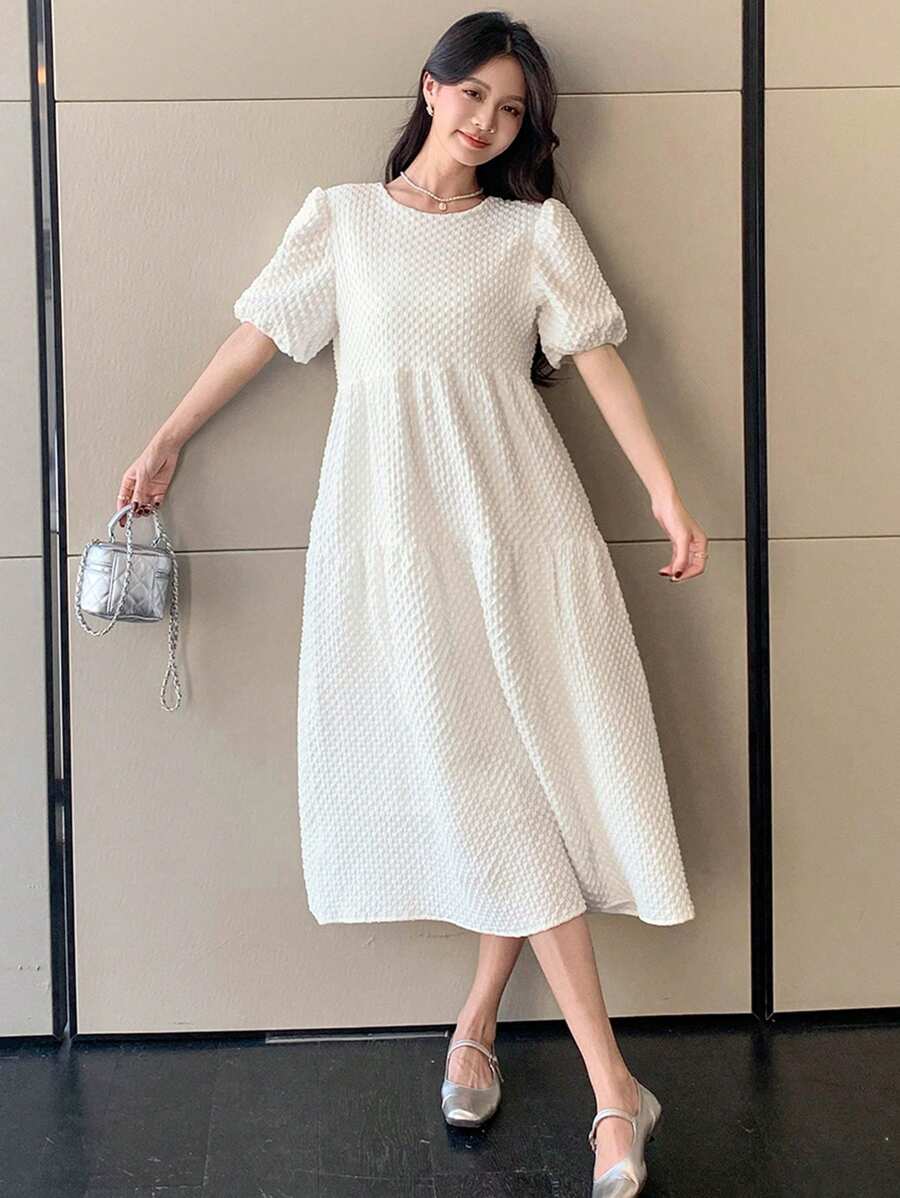 DAZY Women Textured Puffy Sleeve Loose Mid-Length Dress,Ruffle - White - View 1