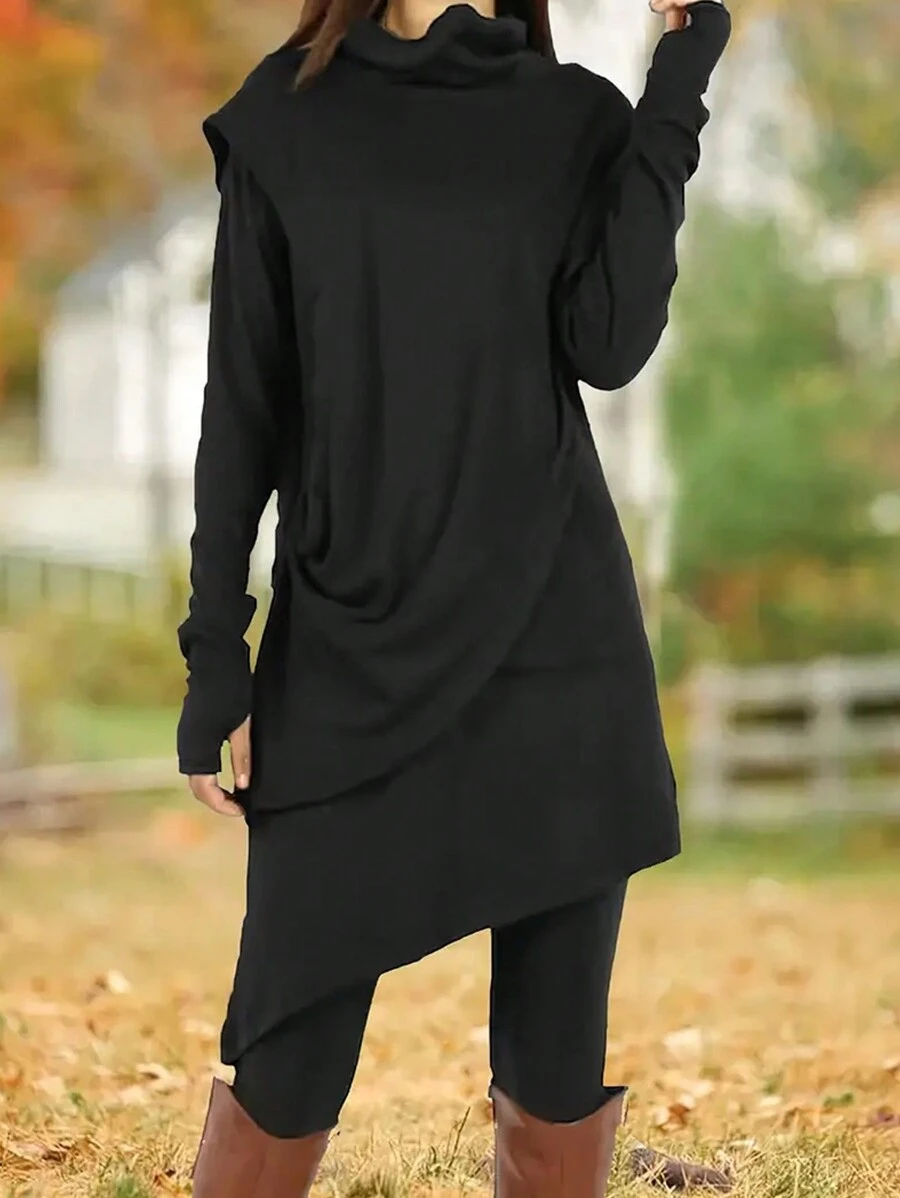 Maglietta casual con collo alto e orlo asimmetrico, di colore unito, da donna