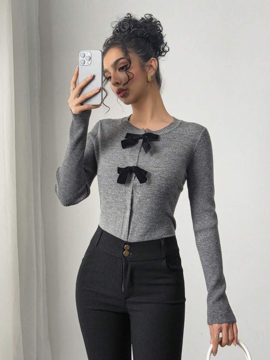 SHEIN Privé 女士杏色蝴蝶结前襟长袖开衫