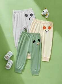 SHEIN 3 件套男婴可爱动物考拉熊和小狗印花耳饰休闲裤，百搭百搭长裤，莫兰迪混合，适合家居、休闲、户外活动、所有季节