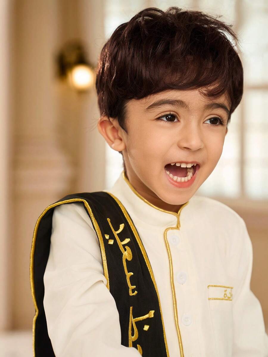 SHEIN Young Boy Embroidered Design Pocket Long Sleeve Button Half Placket Shirt - Black - View 1