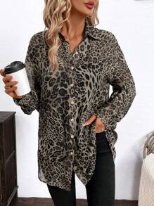 SHEIN Clasi Women's Elegant Leopard Print Chiffon Loose Front Button Long Sleeve Blouse - Grey - View 5