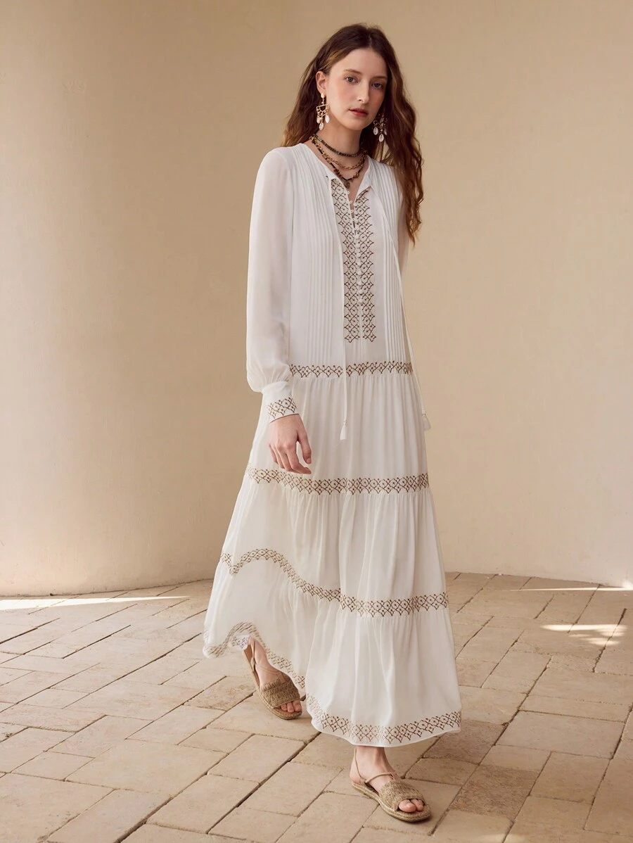 MOTF PREMIUM GATHERED FLORAL EMBROIDERY DRESS,SPRING/SUMMER