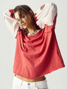 Bohemela BOHO Women's Casual Solid Color Knit Patchwork Lantern Sleeve Colorful Floral Embroidery Round Neck Loose T-Shirt - Pink - View 6