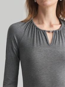 Ontre Women's Long Sleeve Halterneck Draped Long Dress, Elegant Pleated Fitted Dress - Grey - View 4
