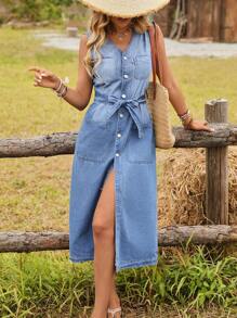 EMERY ROSE Women Casual Denim Dress, Minimalist Fashion For Daily Wear - Blue - View 4