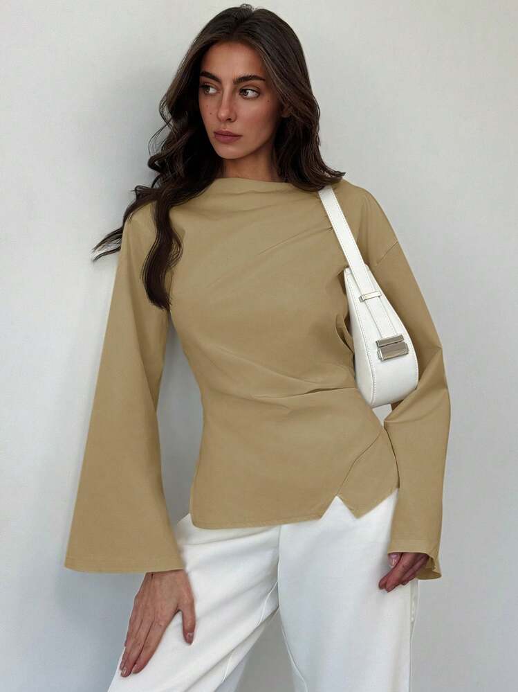 Aloruh Scoop Neck Bell Sleeve Cropped Ruched Office Wear Ladies Apricot Shirt - Khaki - View 1
