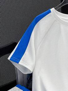 SHEIN 2pcs Tween Boy Casual Korean Style Letter Print Color Block Textured Waffle Fabric Short Sleeve T-Shirt And Shorts Set, Suitable For Commuting, School, Daily Casual, Sports, Spring/Summer - White - View 8