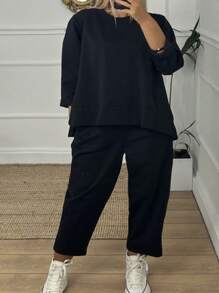 2pcs/Set Women Plus Size Solid Color Crew Neck Long Sleeve Top And Pants Casual Outfit - Black - View 3
