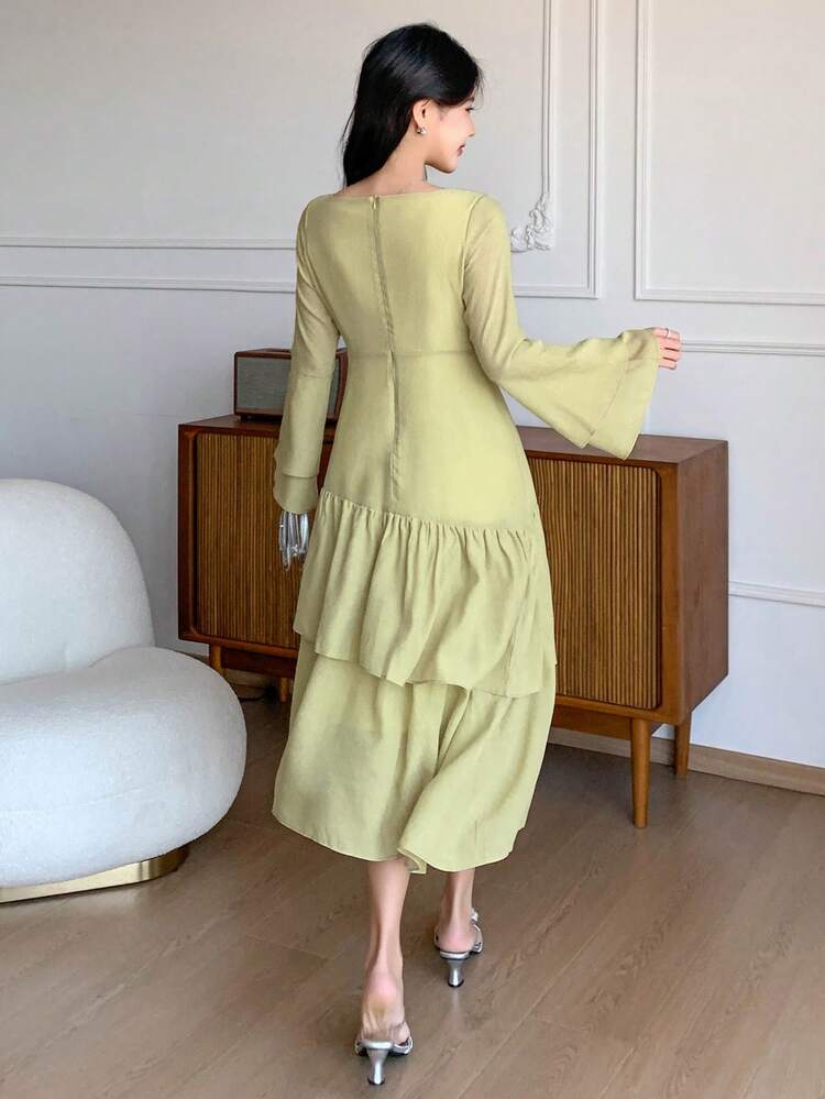 Women Ruffled Midi Dress, Spring/Fall Long Sleeve Dress Easter