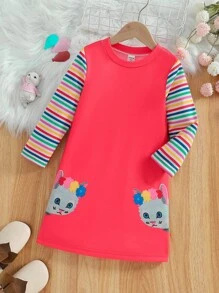 1 Pc Girls Casual Cute Cat Print Contrast Color Striped Long Sleeve Dress, Suitable For Adorable Girls In Spring - Red - View 3