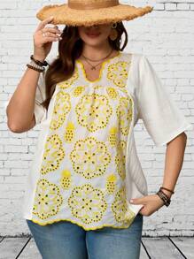 EMERY ROSE Plus Size Women Burn-Out Embroidered Short Sleeve Casual Loose Blouse Spring For Women Vacation Country - Multicolor - View 1