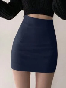DAZY 女士纯色修身半身裙，优雅，四季皆宜，铅笔裙，秋季半身裙 - 藏蓝色 - 查看 4