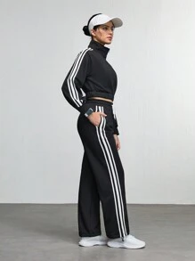 Women's Solid Color Splicing Long Sleeve Casual Top And Pants Set - Black - View 4