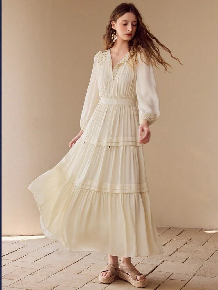 GATHERED TIE NECK DRESS,SPRING/SUMMER