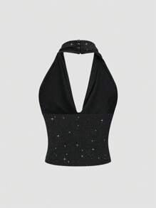 Sweetra 2pcs Sequin Halter Neck Backless Vest And Wide Leg Loose Pants Set, Sexy Diva Style - Black - View 6