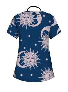 PopScrub V-hals korte mouw zon gezicht print kliniek scrub uniform top set scrub set verpleegster jurken scrub tops scrub broeken labjassen scrub bovenkleding print V-hals frosted scrub top, casual korte mouw werkkleding, vrouwen sweetheart v-hals gerimpelde blouse, vrouwen korte mouw v-hals verpleegster scrub uniform shirt met 2 zakken, zachte elastische gerimpelde grafische tee - Wit - Bekijken 2