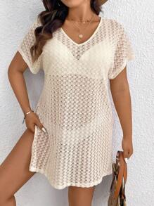 SHEIN Frenchy Plus Size Plain V-Neck Short Sleeve Sheer T-Shirt, Casual Holiday - Apricot - View 3