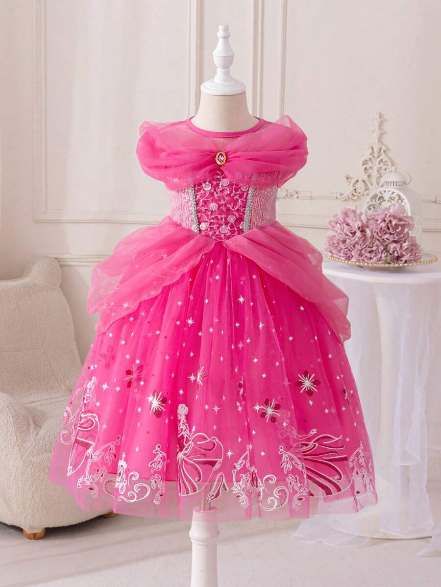 Glamorique Kids 小女孩公主裙，紫红色网纱连衣裙，紫红色印花网纱公主裙，珠宝，生日派对，派对礼服，婚礼节日正式礼服，优雅正式礼服，中东、欧洲和美国 - 玫紅色 - 查看 1