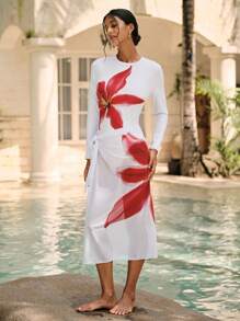 Swim Shayni Summer Women's Floral Print Crew Neck Long Sleeve One-Piece Swimsuit - White - View 6