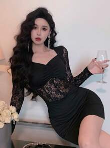 DAZY Sheer Lace Patchwork Fitted Waist Mini Black Dress For Women,Fall Dress Long Sleeve Dress