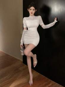 DAZY Women's White Lace Wrap Mini Dress For Spring/Fall Delicate Lace Party Women Dresses Graduation White Dress Prom Dress Milkmaid Dress Long Sleeve Dress Elegant Women Dresses - White - View 7