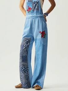 Bohemela Casual Denim Patchwork Loose Straight-Leg Bib Overall Pants For Women - Baby Blue - View 5