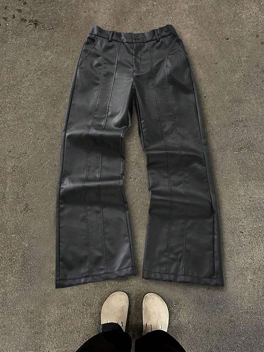 Manfinity Roghcode 男士纯色前扣口袋简约休闲裤,日常穿着 - 黑色 - 查看 1
