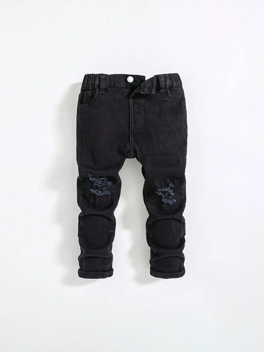 SHEIN Young Boy Casual Distressed Washed Denim Jeans - Black - View 1