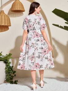 SHEIN Leap Crew 少女花卉印花长款夏季系带 A 字裙，优雅适合夏季、度假、海滩和通勤 - 白色 - 查看 2