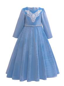 Young Girl Solid Color Party Princess Tulle Dress, All Seasons - Blue - View 1