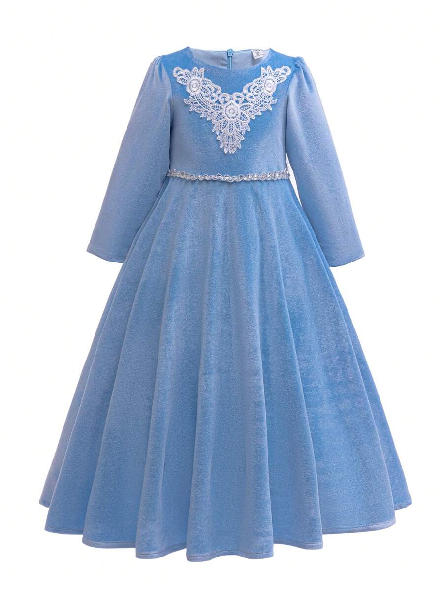 Young Girl Solid Color Party Princess Tulle Dress, All Seasons - Blue - View 1