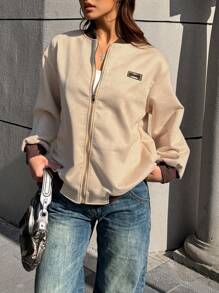 女式字母印花长袖前拉链休闲棒球夹克 - 卡其色 - 查看 3