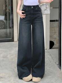 DAZY 女士前扣口袋休闲阔腿牛仔裤低腰牛仔裤 - 深色水洗藍 - 查看 5