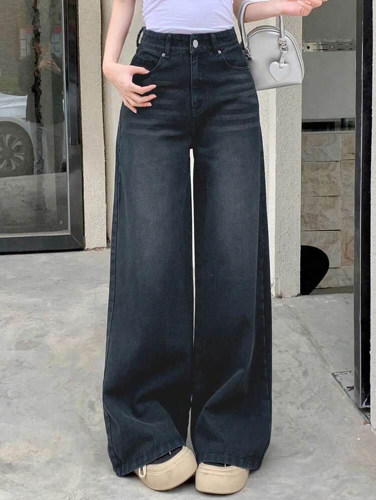 Women's Front Button Pocket Casual Wide Leg Jeans Pants Low Rise Jeans