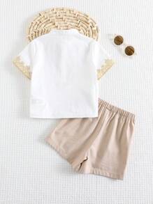 Cozy Pixies 2 件装男婴传统图案立领长袖上衣和松紧腰裤套装 - 卡其色 - 查看 2