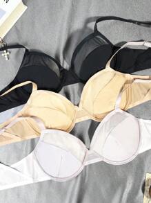Snug Zone Thin Mesh Lightly Padded Underwire Middle Support Lift Prevent Sagging Bra With U Plunge Back Adjustable ,3 Pcs - Multicolor - View 3