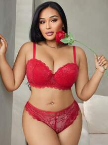 Plus Size Plain Lace Trim Simple Fitted Casual Wireless Lingerie Bra Set - Red - View 3