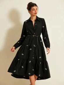 GENKIRA Váy xếp lớp in họa tiết cây cối không thắt lưng trang phục đi nghỉ cho nữ - màu đen - Xem 1