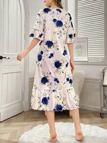 Ruffle Hem Floral Print Long Nightgown - Multicolor - View 2