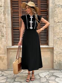 Chiquease Vestido de unicolor con cuello mao, volantes en el bajo y contraste de color, estilo chino moderno para mujer - Negro - Ver 6