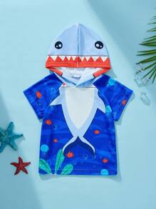 SHEIN 男婴可爱卡通鲨鱼图案连帽衫，海洋印花，适合夏季海滩度假和户外活动 - 藍色 - 查看 3