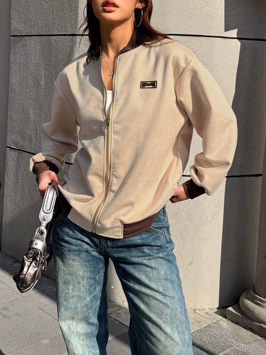女式字母印花长袖前拉链休闲棒球夹克 - 卡其色 - 查看 1